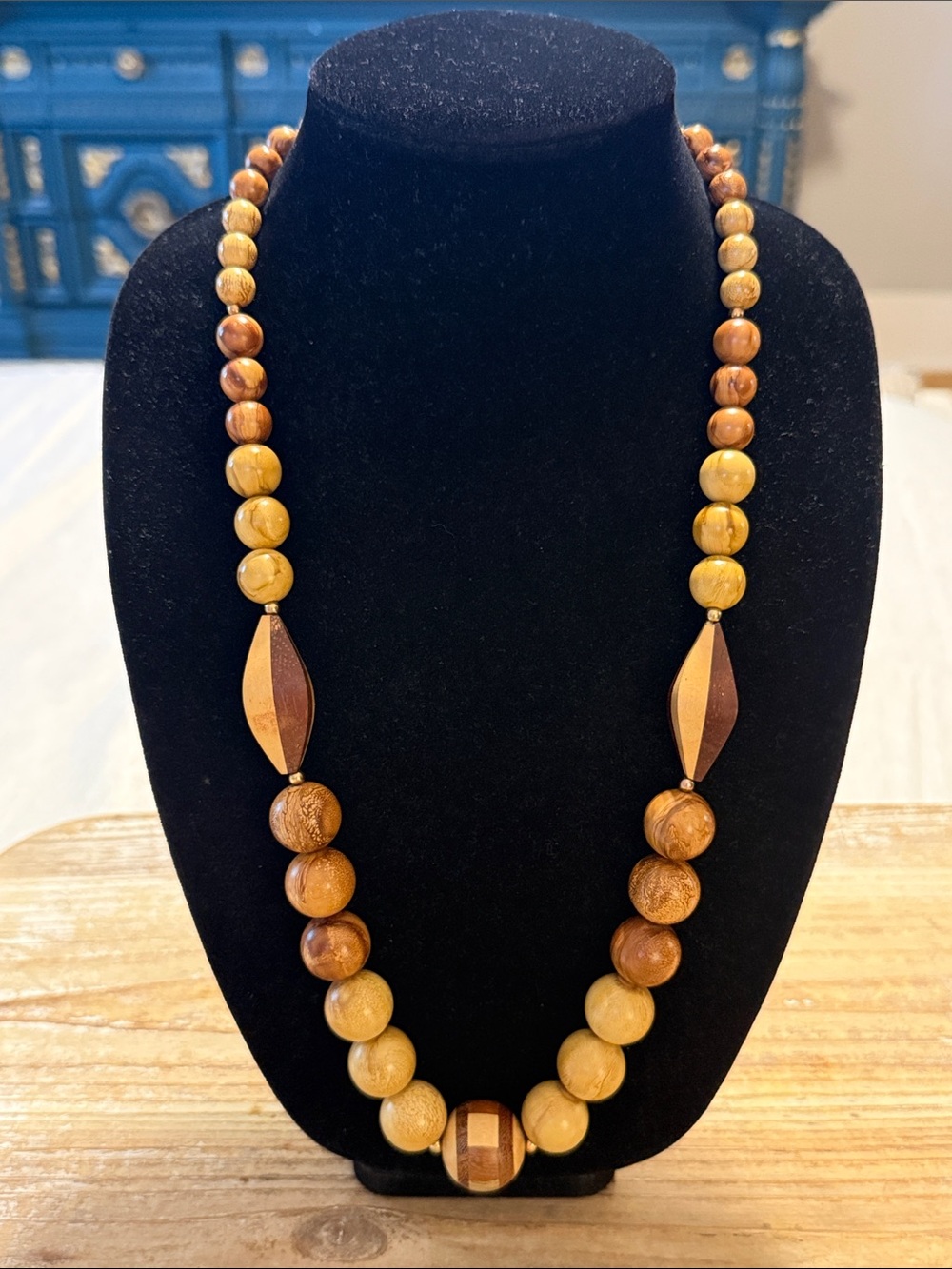 Vintage Boho Wooden Brown Tan Beaded Long Chunky Statement Necklace